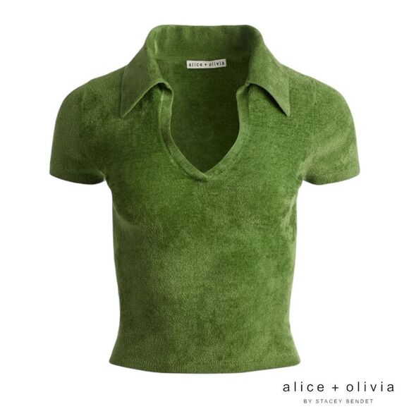 Alice + Olivia **NWT** Martha Crop Terry Cloth Polo Shirt Avocado Green - Picture 4 of 8